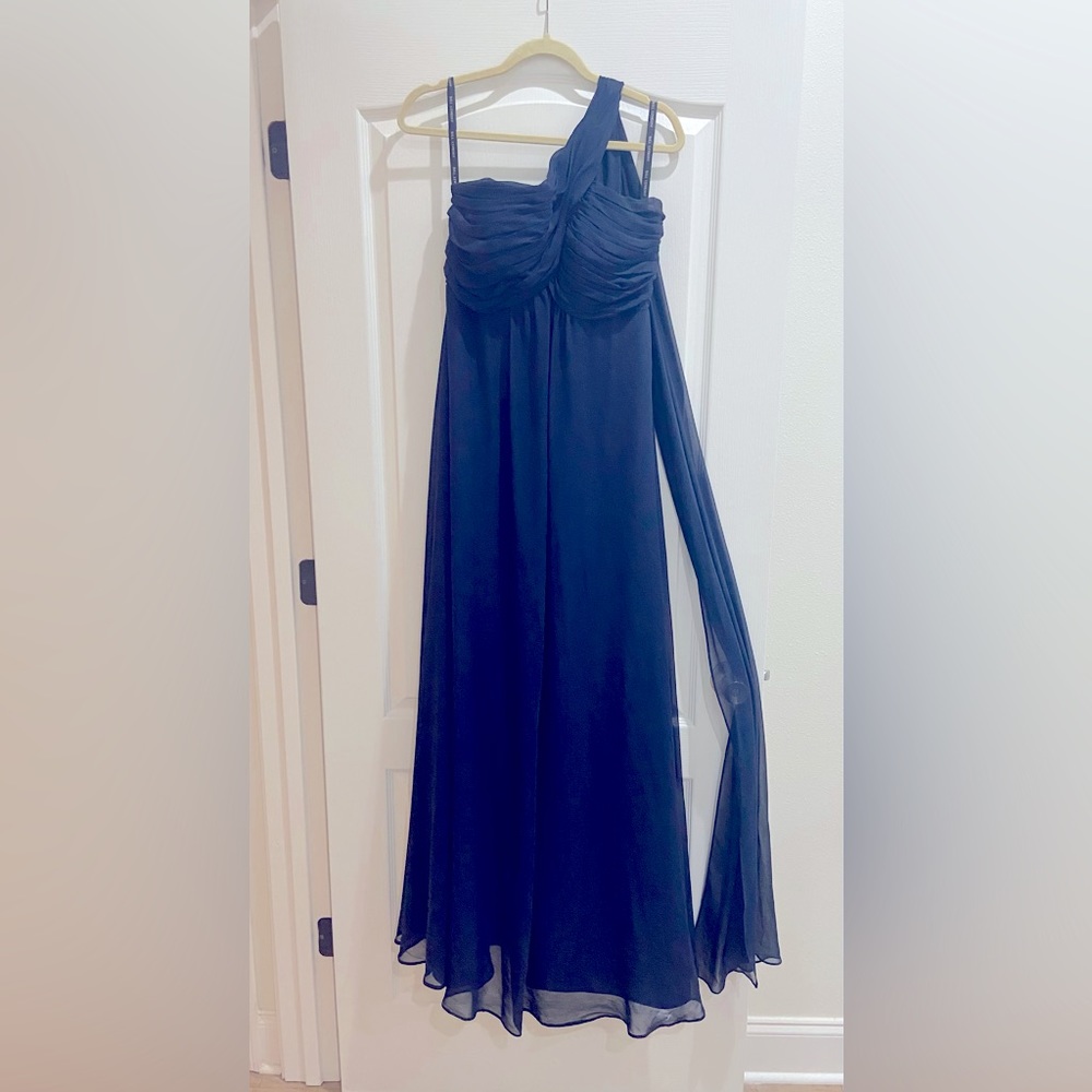 BILL LEVKOFF Dark Blue Bridesmaid Dress. One shoulder gown
